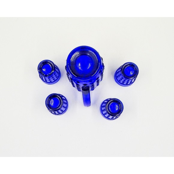 Child's Cobalt Blue Hobnail Mini Water Pitcher With 4 Tumblers Glasses - Picture 4 of 9